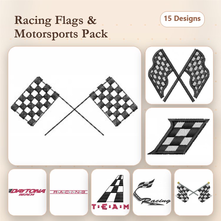 Racing Flags and Motorsports Embroidery Designs Bundle – Checkered Racing Flag, Waving Racing Flag, Racing Team Logo & More (15 Designs)