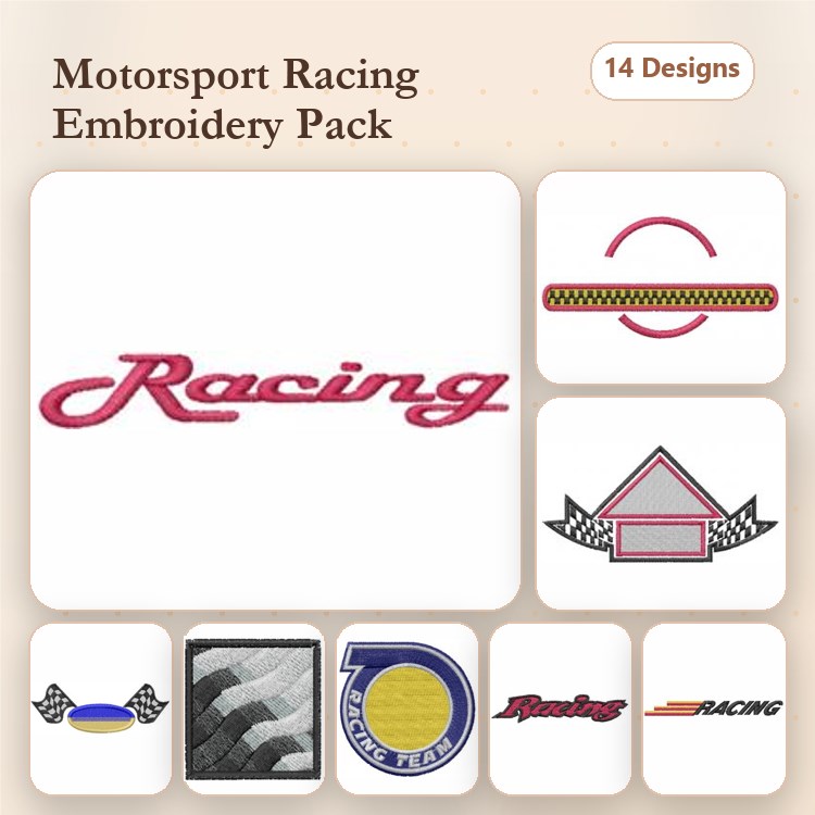 Motorsport Embroidery Bundle – Racing Script, Checkered Flag, Racing Helmet, Race Car & More (14 Designs)