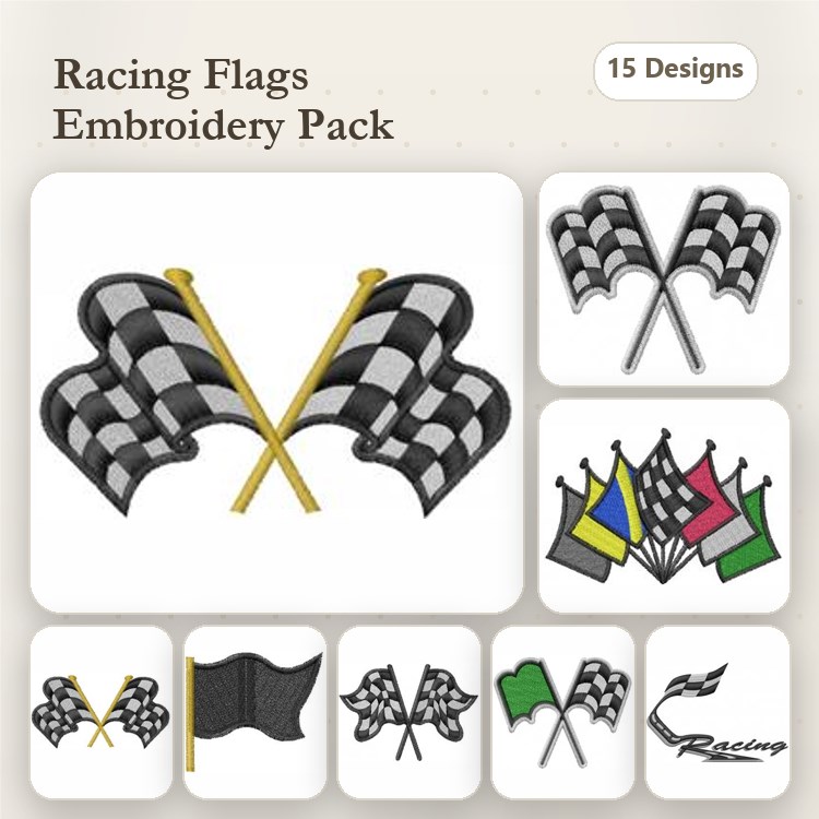 Racing Flags Embroidery Designs Bundle – Checker Flag Pair, Waving Checker Flag & More (15 Designs)