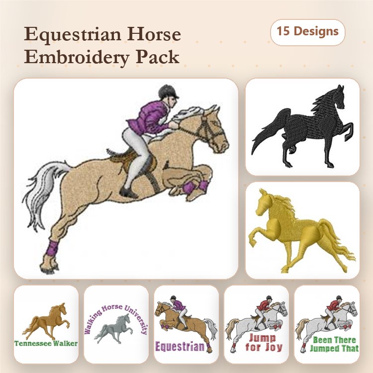 Equestrian Horse Embroidery Designs Bundle – Tennessee Walker, Jump for Joy, Been There Jumped That & More (15 Designs)