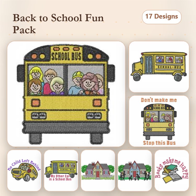 Back to School Embroidery Designs Bundle – School Bus, Funny Bus Quotes, Books & More (17 Designs)