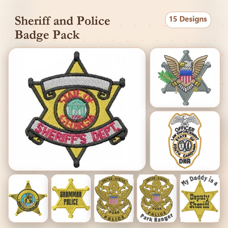 Sheriff & Police Badges Embroidery Designs Bundle – Sheriff's Badge, Police Badge, Deputy Sheriff Badge & More (15 Designs)