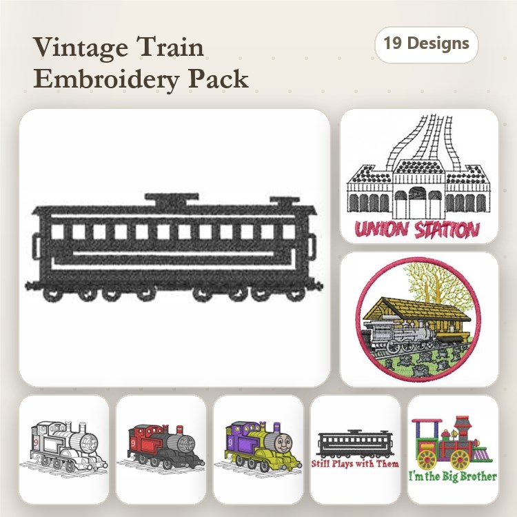 Vintage Train Embroidery Designs Bundle – Steam Locomotive, Train Conductor, Union Station & More (19 Designs)