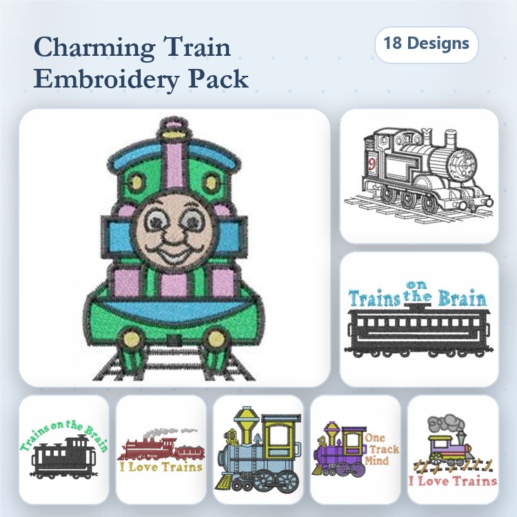 Train Embroidery Designs Bundle – Happy Train, Vintage Steam Engine, Colorful Locomotive & More (18 Designs)