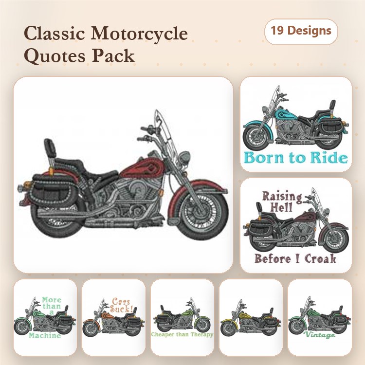 Classic Motorcycle Quotes Embroidery Bundle – Born to Ride, Raising Hell, More Than Muscle & More (19 Designs)