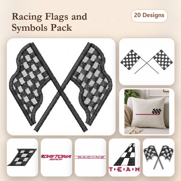 Racing Flags & Symbols Embroidery Designs Bundle – Checkered Racing Flags, Racing Team Text & More (20 Designs)