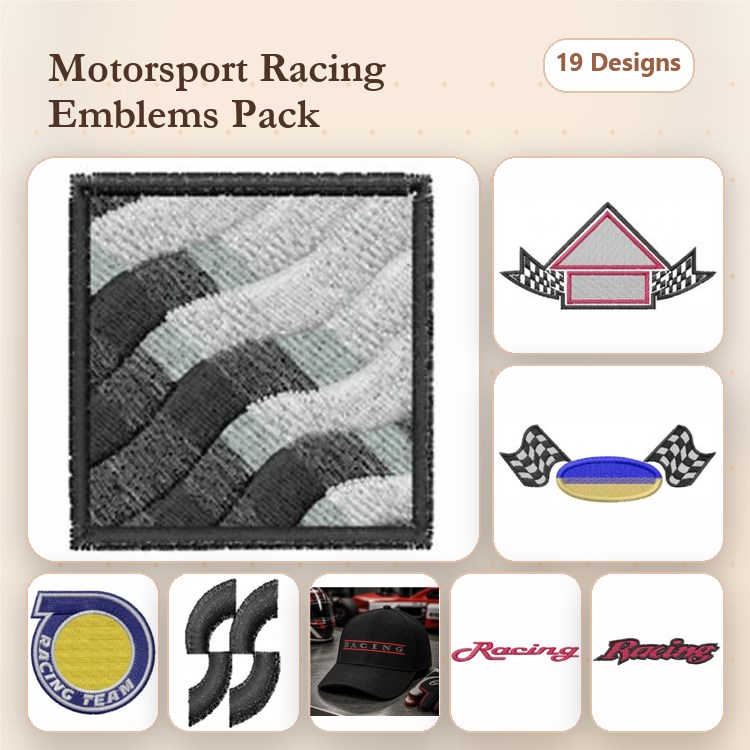 Motorsport Racing Emblems Embroidery Designs Bundle – Chevron Stripe, Racing Number Emblem, Checkered Flag Badge & More (19 Designs)