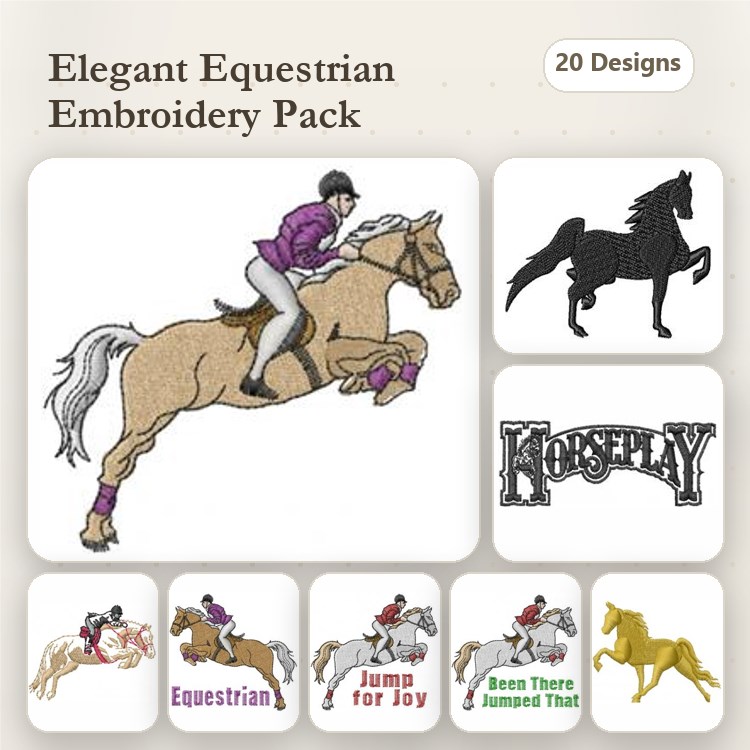 Equestrian Embroidery Designs Bundle – Jump for Joy, Been There Jumped That, Horseplay & More (20 Designs)