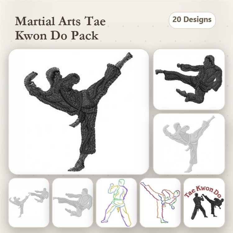 Martial Arts Tae Kwon Do Embroidery Designs Bundle – Martial Artist in Kick, Stance, Action & More (20 Designs)