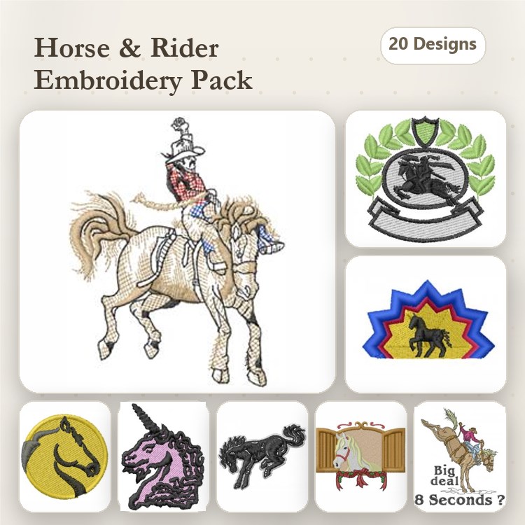 Horse and Rider Embroidery Designs Bundle – Rider on Horse, Unicorn, Rodeo Horse & More (20 Designs)