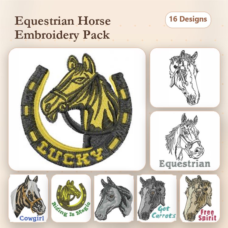 Equestrian Horses Embroidery Designs Bundle – Lucky Horse Emblem, Cowgirl, Riding is Magic & More (16 Designs)