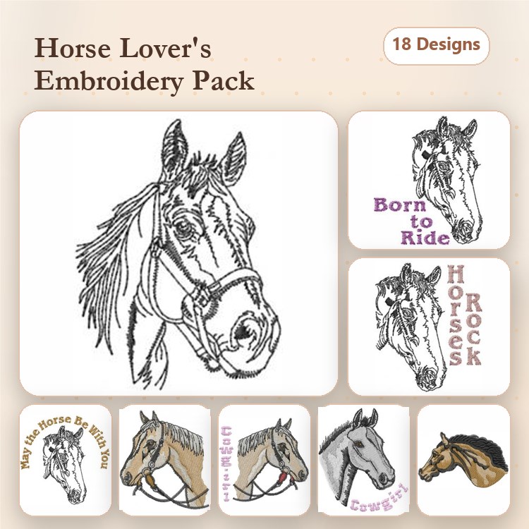 Horse Themed Embroidery Bundle – Horse Portrait, Born to Ride, Horses Rock & More (18 Designs)