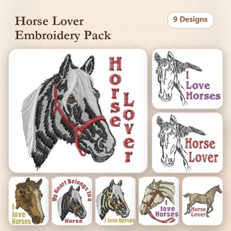 Horse Lovers Embroidery Bundle – Horse Head with Bridle, I Love Horses, My Heart Belongs to Horses & More (9 Designs)