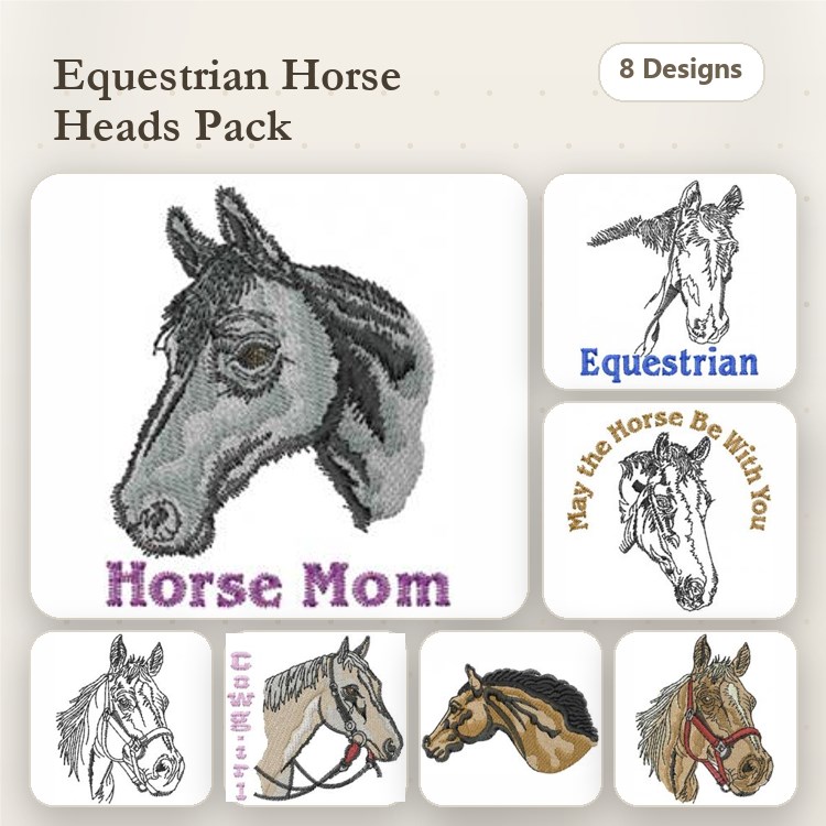 Equestrian Horse Heads Embroidery Designs Bundle – Horse Head Portrait, Horse Mom Text, Equestrian Text & More (8 Designs)