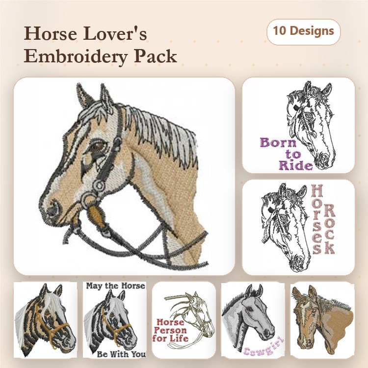 Horse Theme Embroidery Designs Bundle – Horse Head with Bridle, Portraits & More (10 Designs)