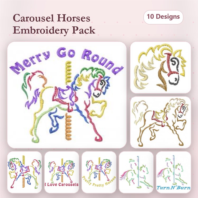 Carousel Horse Embroidery Designs Bundle – Merry Go Round, Pretty Carousel, Turn N' Burn & More (10 Designs)
