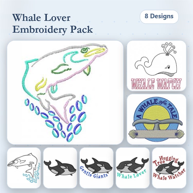 Whale & Dolphin Embroidery Bundle – Whale Tail, Whale Lover, Dolphin Silhouette & More (8 Designs)