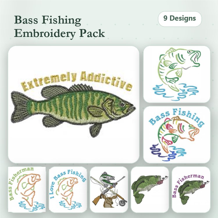 Bass Fishing Embroidery Designs Bundle – Extremely Addictive Bass, Jumping Bass, Angler with Fish & More (9 Designs)