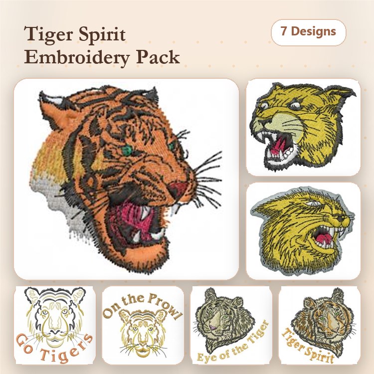 Tiger & Lion Embroidery Bundle – Tiger Head, Lion Head, Go Tigers & More (7 Designs)