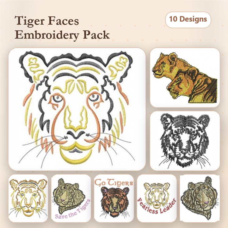 Tiger Faces Embroidery Designs Bundle – Growling Tiger, Roaring Tiger, Artistic Tiger Face & More (10 Designs)