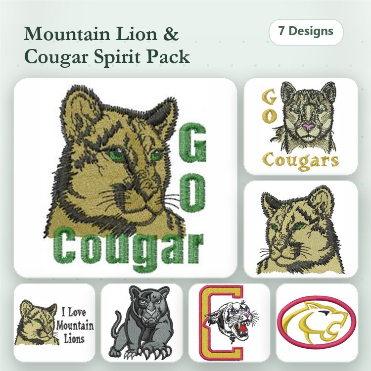 Mountain Lion & Cougar Embroidery Bundle – Mountain Lion Portrait, Cougar Head, Go Cougars & More (7 Designs)