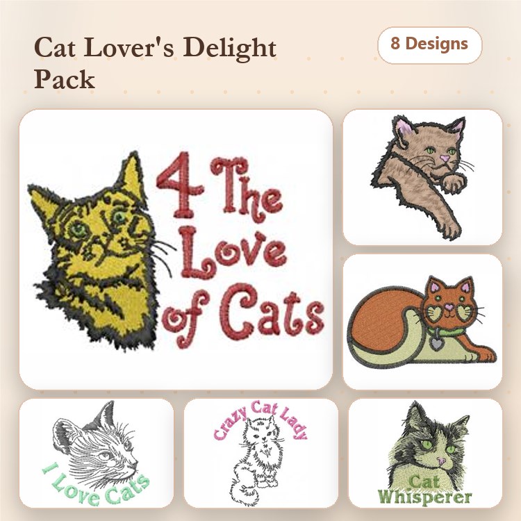 Cats & Cat Lovers Embroidery Bundle – Portrait of a Tabby Cat, Kitten Face, Crazy Cat Lady Text & More (8 Designs)