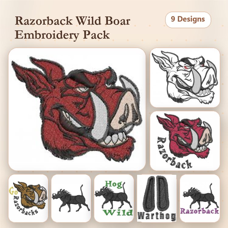 Razorback Wild Boar Embroidery Designs Bundle – Razorback Emblem, Hog Wild, Boar Face with Expression & More (9 Designs)