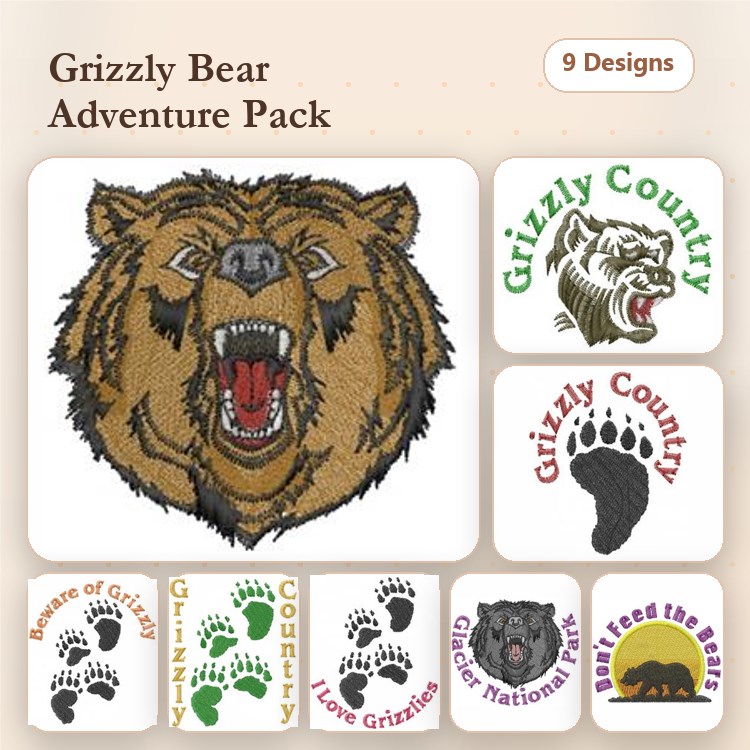 Grizzly Bear Embroidery Bundle – Grizzly Bear Head, Bear Paw Print, Grizzly Tracks & More (9 Designs)