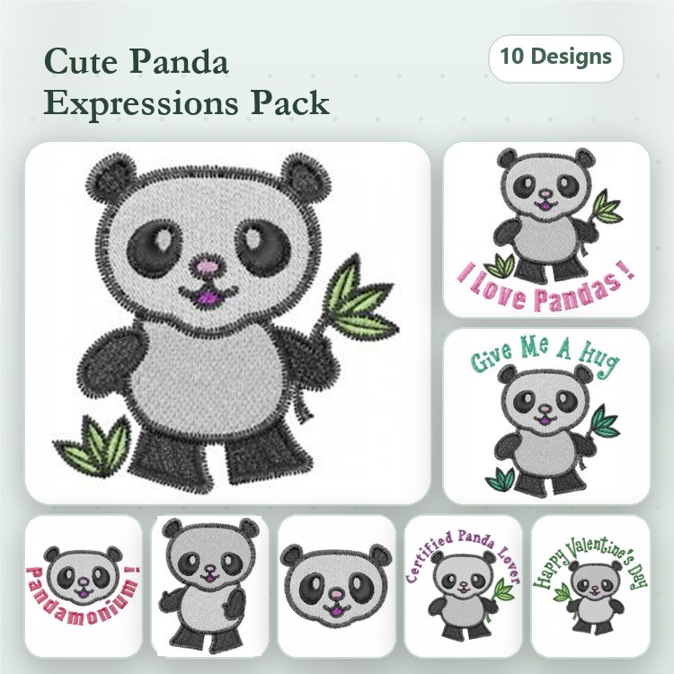 Panda Characters Embroidery Designs Bundle – Cute Panda with Bamboo, Happy Panda, Confused Panda & More (10 Designs)