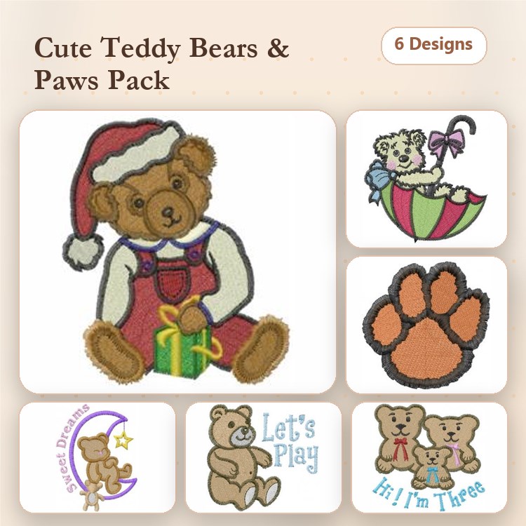 Teddy Bears and Paws Embroidery Designs Bundle – Santa Teddy Bear, Umbrella Bear, Paw Print & More (6 Designs)