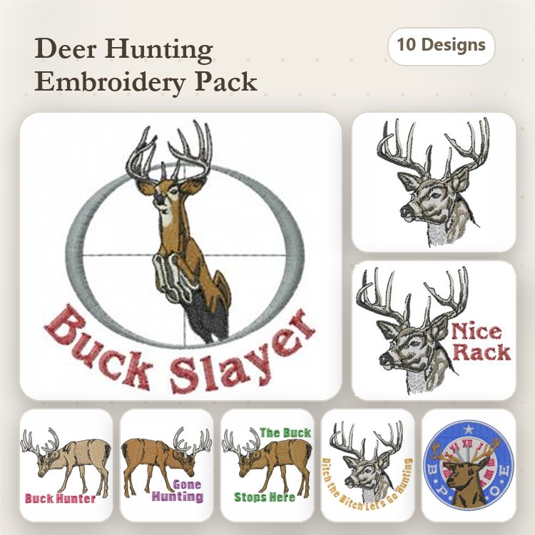 Deer Hunting Embroidery Designs Bundle – Buck Slayer, Nice Rack, Buck Hunter & More (10 Designs)
