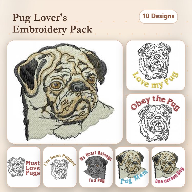 Pug Embroidery Bundle – Love, Obey, and Heart Designs (10 Designs)