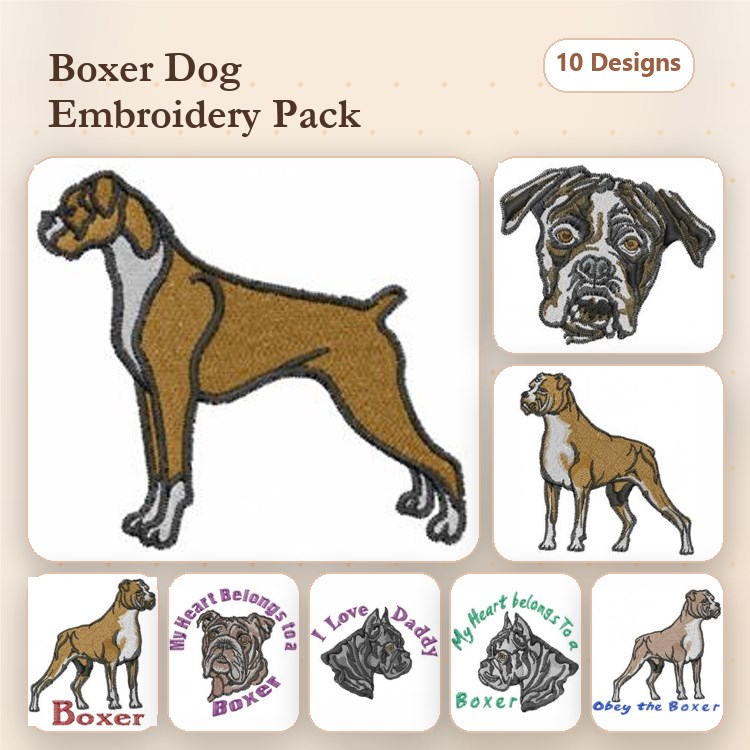 Boxer Dog Embroidery Bundle – Unique Boxer Designs (10 Designs)