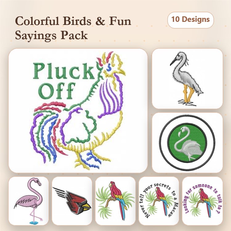 Colorful Birds Embroidery Bundle – Pluck Off Rooster, Heron, Flamingo & More (10 Designs)