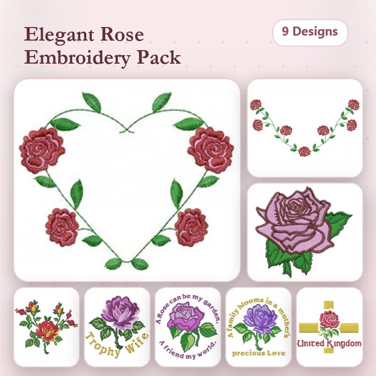 Floral Embellishments Embroidery Designs Bundle – Rose Heart, Floral Border, Trophy Wife Rose & More (9 Designs)