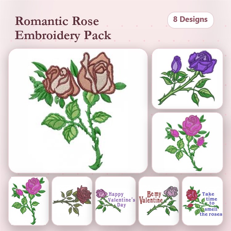 Roses & Text Embroidery Designs Bundle – Two Roses Bouquet, Happy Valentine's Day Text with Rose & More (8 Designs)