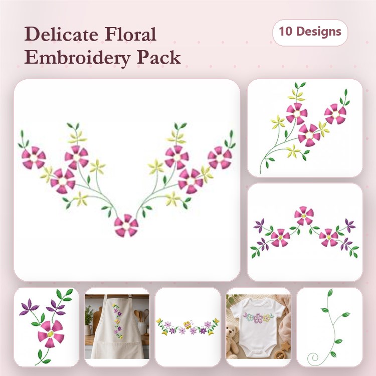 Delicate Floral Embroidery Bundle – Vine with Pink Flowers, Cluster of Yellow Flowers & More (10 Designs)