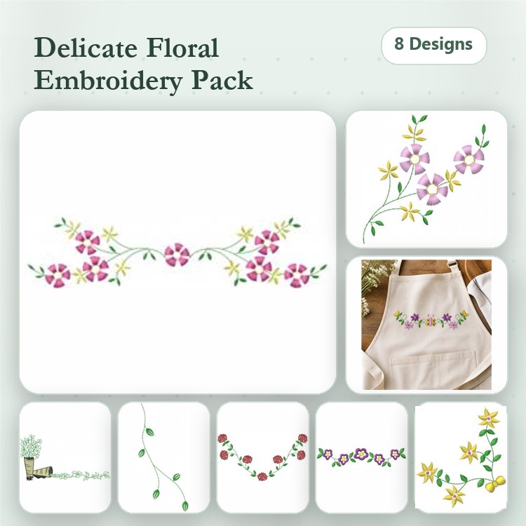 Floral Embroidery Designs Bundle – Floral Border, Vine with Blossoms, Flower Spray & More (8 Designs)
