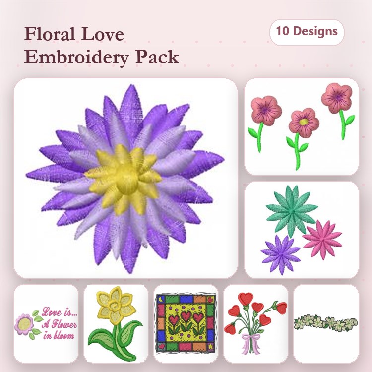 Floral Embroidery Designs Bundle – Purple Flower, Pink Bouquet, Yellow Flower & More (10 Designs)