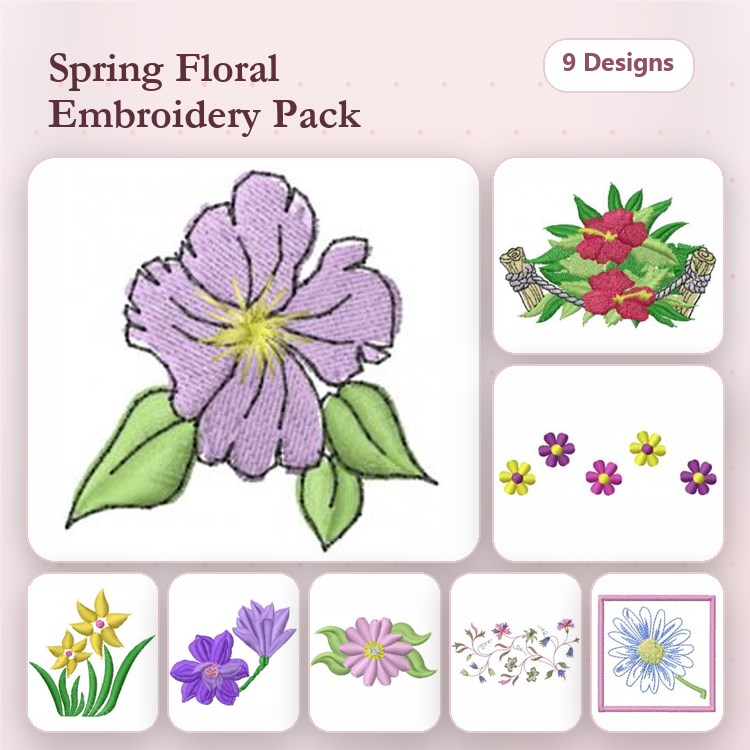 Spring Floral Embroidery Designs Bundle – Purple Flower, Red and Green Floral Bouquet, Daffodil & More (9 Designs)