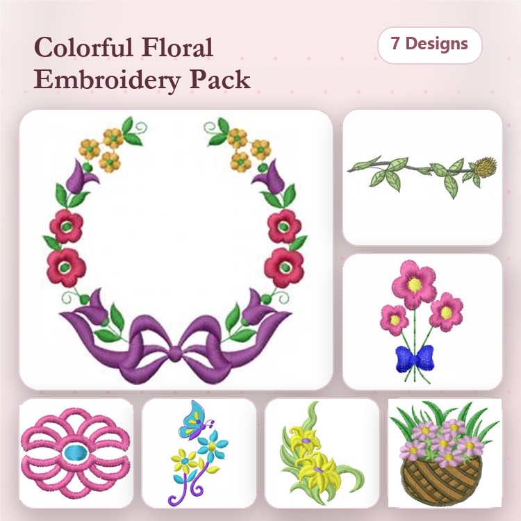 Colorful Floral Embroidery Designs Bundle – Floral Wreath, Flower Bouquet, Bow with Flowers & More (7 Designs)