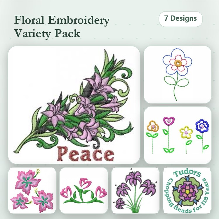 Floral Embroidery Designs Bundle – Floral Bouquet with Peace, Daisy Flower, Single Stem Flower & More (7 Designs)