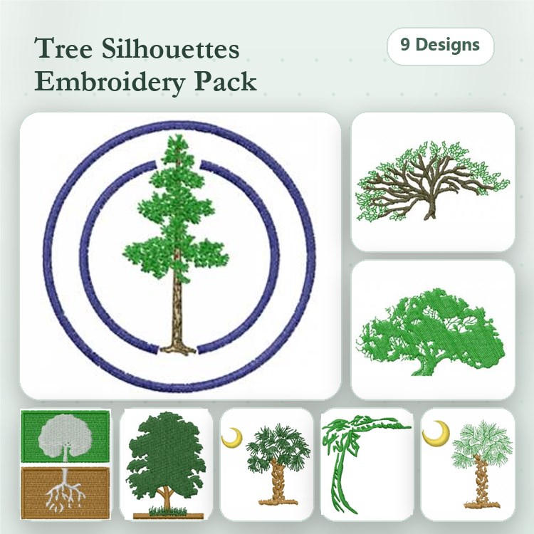 Tree Silhouettes Embroidery Designs Bundle – Tall Pine Tree, Leafy Oak Tree, Palm Tree & More (9 Designs)