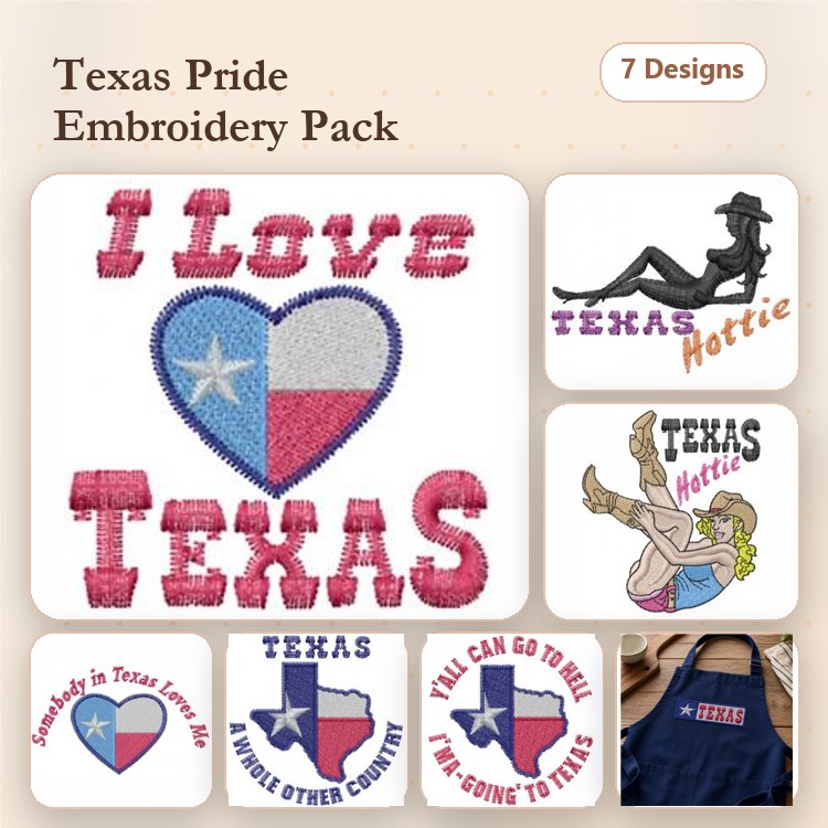 Texas Pride Embroidery Designs Bundle – I Love Texas, Texas Flag Badge, Texas Hottie Silhouette & More (7 Designs)