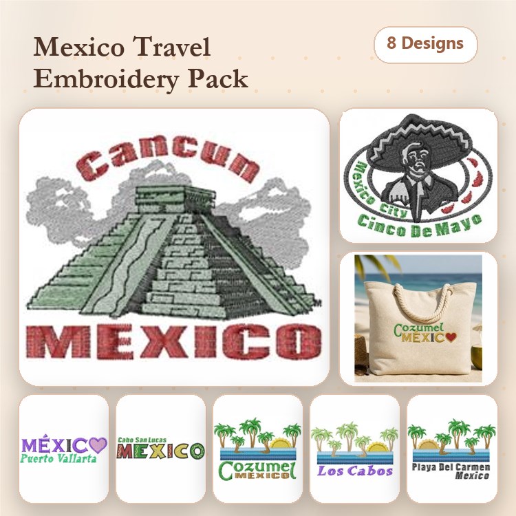 Mexico Travel Embroidery Designs Bundle – Cancun, Puerto Vallarta, Cinco de Mayo & More (8 Designs)