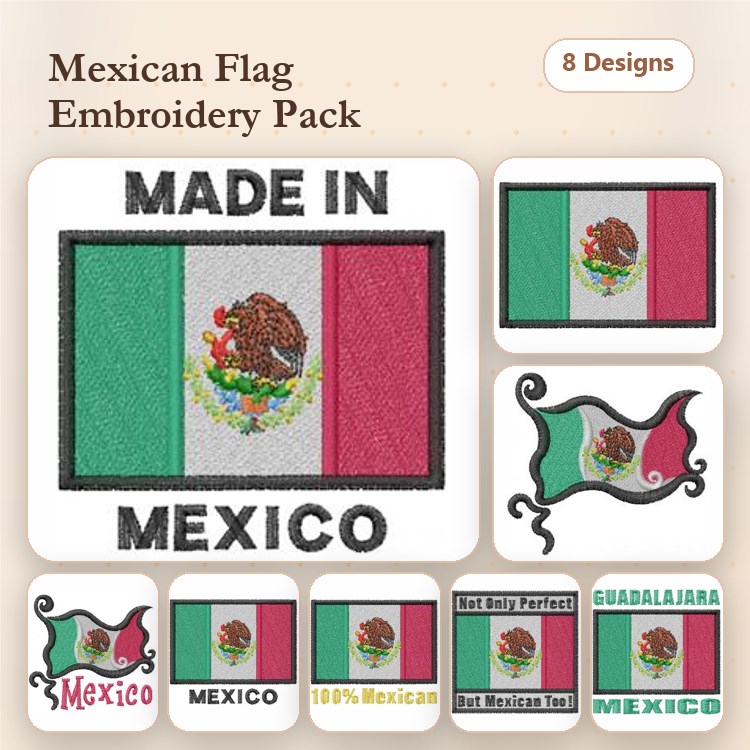 Mexican Flag Embroidery Designs Bundle – Eagle, Guadalajara, Made in Mexico & More (8 Designs)