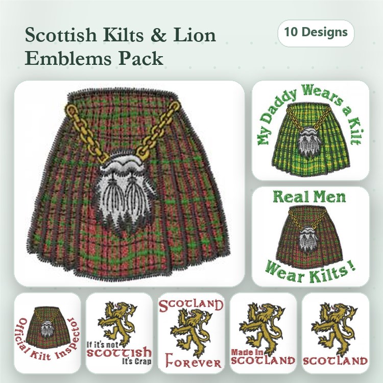 Scottish Kilt & Lion Emblems Embroidery Designs Bundle – My Daddy Wears a Kilt!, Real Men Wear Kilts!, Scotland Forever & More (10 Designs)