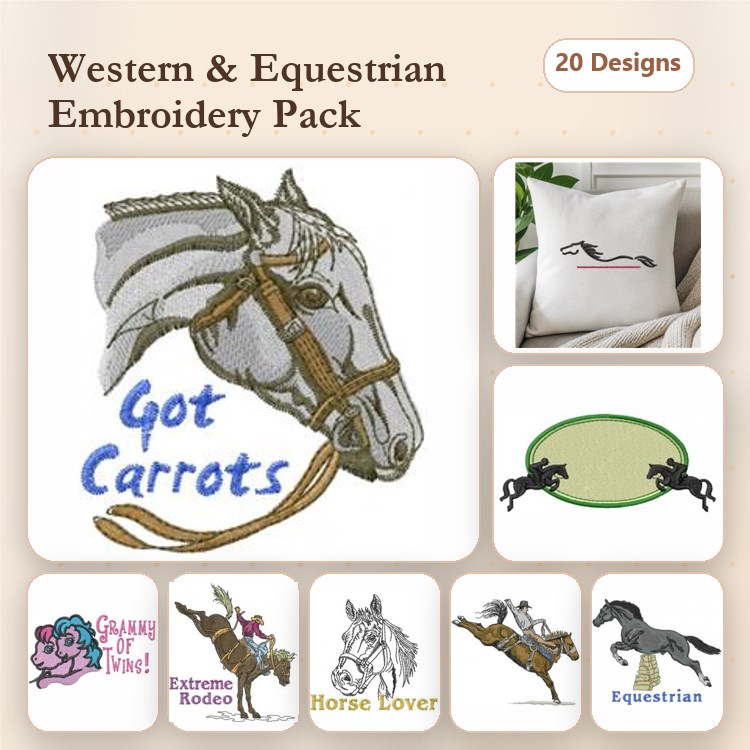 Western & Equestrian Embroidery Bundle – Horse Head, Got Carrots, Galloping Horse & More (20 Designs)