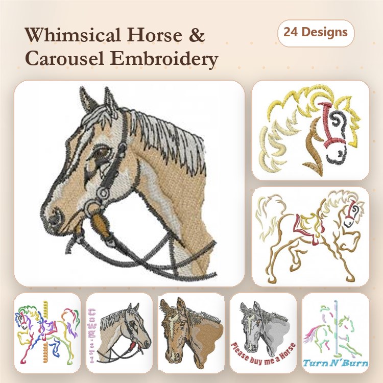 Horse & Carousel Embroidery Bundle – Horse Head Portrait, Carousel Horse, Playful Carousel Horse & More (24 Designs)
