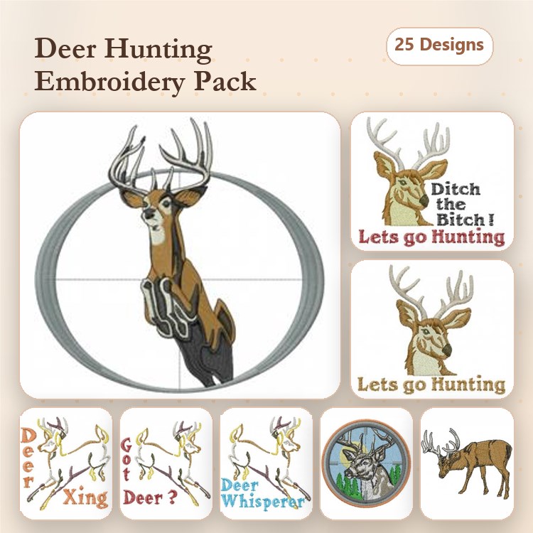 Deer Hunting Embroidery Designs Bundle – Deer Silhouette, Deer Whisperer Phrase, Got Deer Phrase & More (25 Designs)